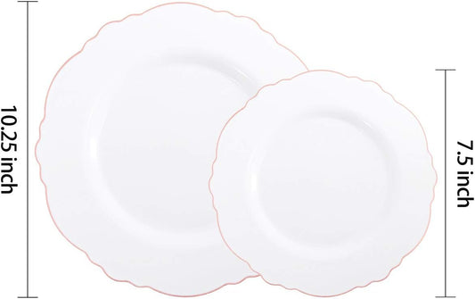 WDF 100pcs Rose Gold Plastic Plates-Baroque White &Rose Gold Disposable Plates including 50Plastic Dinner Plates 10.25inch,50Salad Plates 7.5inch for Wedding & Parties
