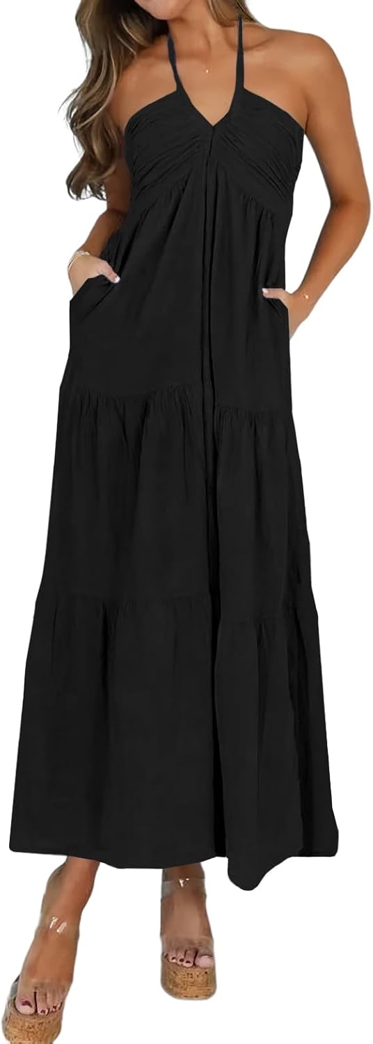 Women's Casual Halter Tiered Vacation Maxi Dress with Pockets