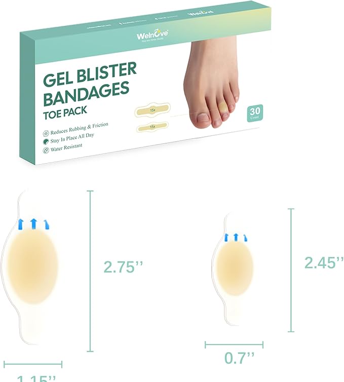 Gel Blister Bandages Hydrocolloid Bandages - Welnove 30ct Blister Cushions (Toe Pack) - Blister Bandages for Heel, Toe & Foot - Blister Pads for Prevention & Recovery - Water Resistant Bandages