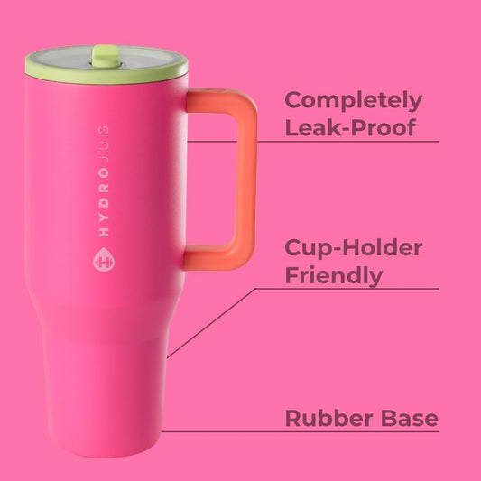HydroJug Traveler - 40 oz Water Bottle with Handle & Flip Straw - Fits in Cup Holder, Leak Resistant Tumbler-Reusable Insulated Stainless Steel & Rubber Base - Gifts for Women & Men, Orchid