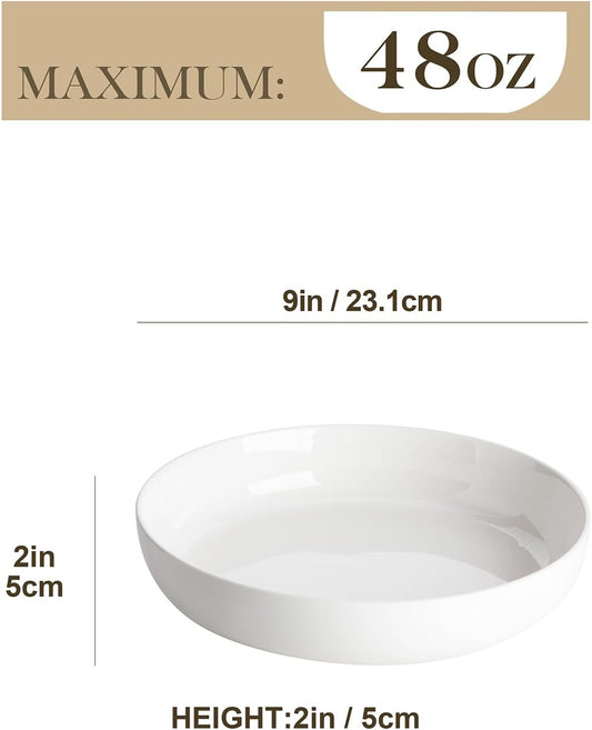 MALACASA 48 Oz Pasta Bowls Set of 4, 9 Inch Salad Bowls, White Ceramic Serving Bowls for Kitchen, Microwave & Dishwasher Safe, Series LUNA, White