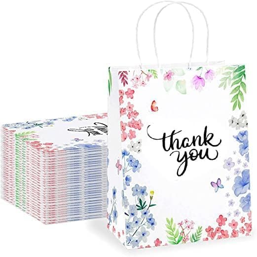 Floral Thank You Gift Bags 50 Pack – 8x4x10" Paper Party Favor Bags for Weddings, Bridal Showers & Boutiques