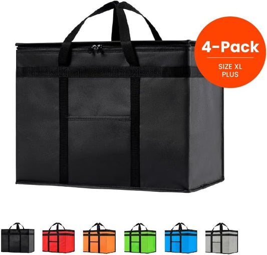 NZ home Insulated Cooler Bag and Food Warmer (XL Plus, 4-Pack) for Delivery & Grocery Shopping with Zippered Top, Black