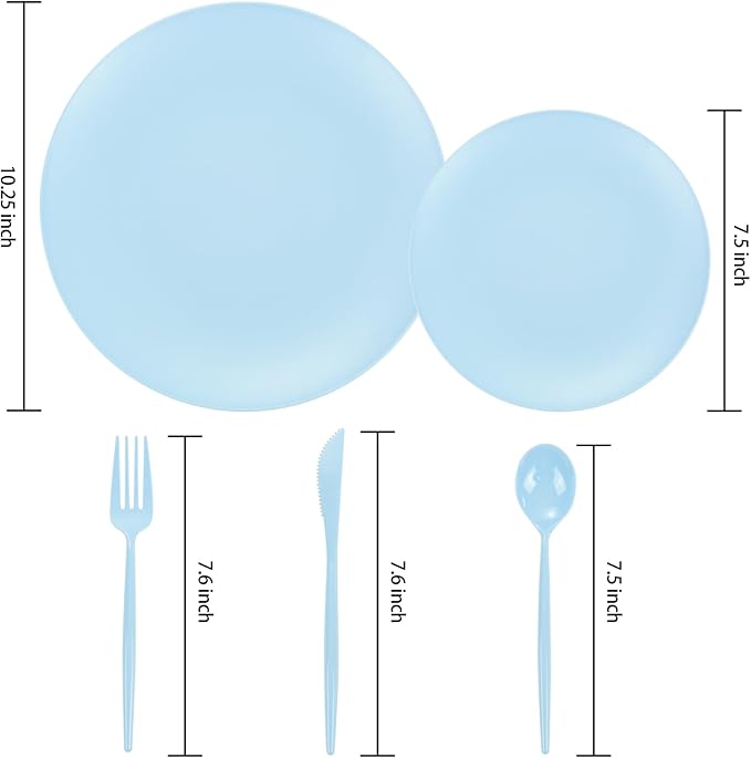 EI 150pcs Blue Plastic Plates Disposable Light Blue Baby Shower Plates Heavy Duty Dinnerware Set Plastic Silverware for Party,Wedding,Easter,Spring Afternoon Tea