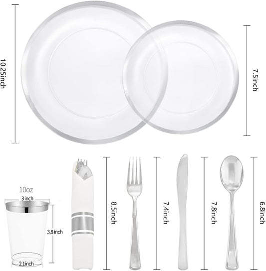 LIYH 210 Pcs Rolled Plastic Silverware Dinnerware Sets - Clear Disposable Heavyduty Plastic Disposable Plates for Wedding Party Silver Rimmed Cups 30 Guests