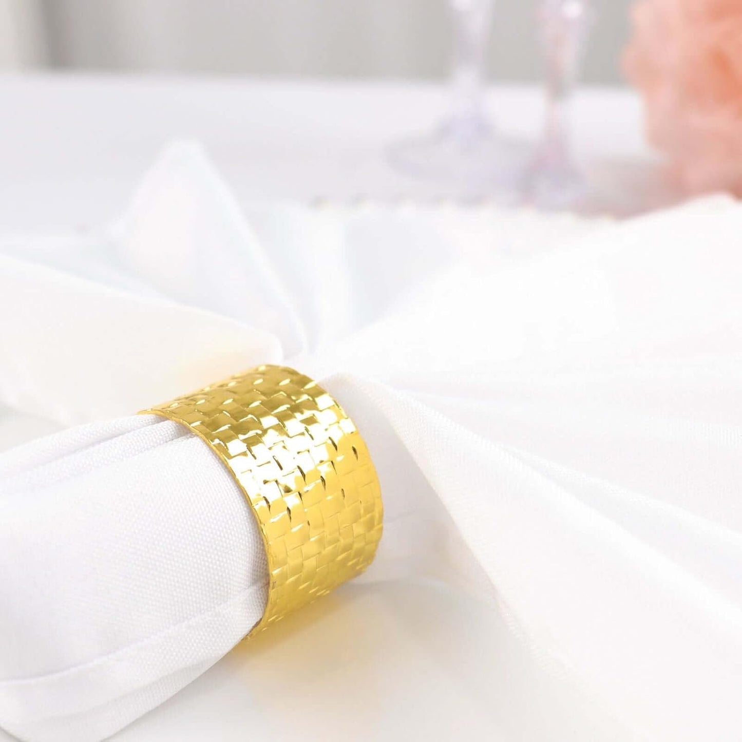 Efavormart 4 Pack | Shiny Gold Basket Weave Napkin Rings, Metallic Napkin Holders