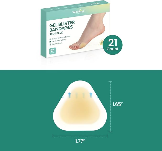Gel Blister Bandages Hydrocolloid Bandages - Welnove 21ct Blister Cushions (Spot Pack) - Blister Bandages for Heel, Toe & Foot - Blister Pads for Prevention & Recovery - Water Resistant Bandages