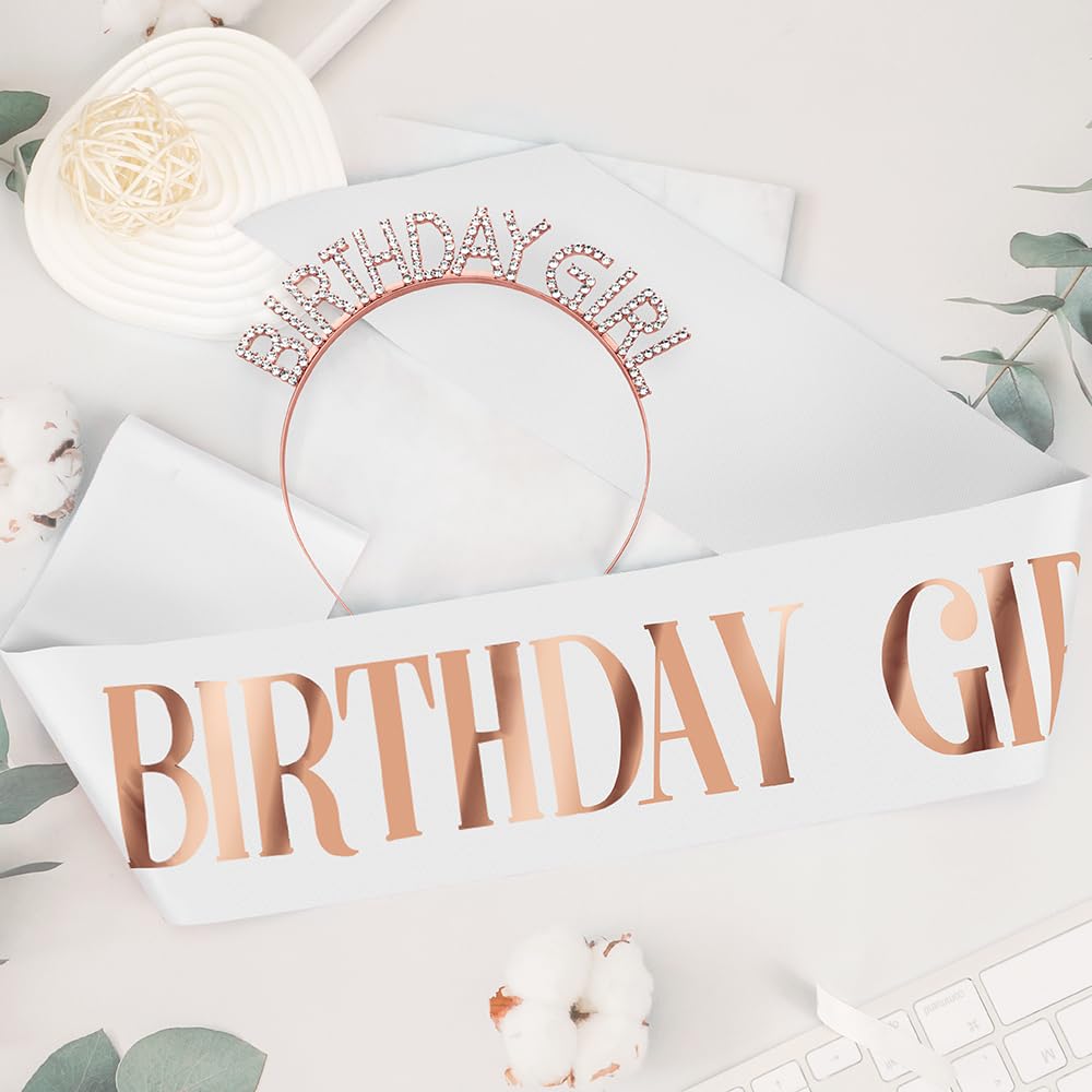 Birthday Crown and Sash Set for Women - White Rhinestone Headband, Princess Tiara, Happy Birthday Girl Accessories Gifts