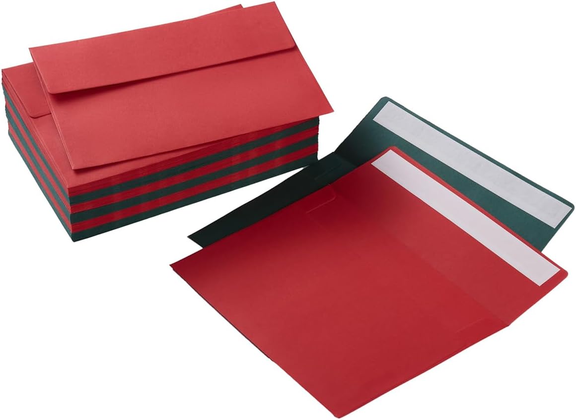 50 Pack 5 x 7 Envelopes Colored Self Seal for Wedding, Party Invitations, Greeting Cards, Announcements, Photos, 5.24 x 7.21 Inches (Christmas Green/Red)