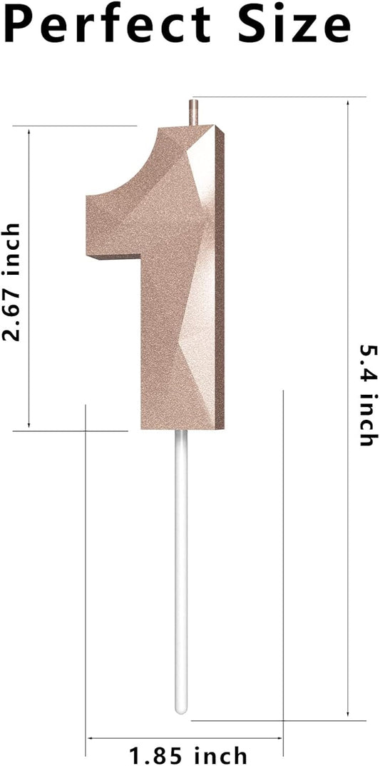 Number Birthday Candles(1 Candle Rose Gold) 3D Diamond Shape Number Happy Birthday Cake Candles for Birthday Party Wedding Decoration Reunions Theme Party