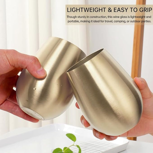 Buyer Star 304 Stainless Steel Wine Glasses Set of 4- Large 17 oz Outdoor Stemless Wine Tumblers - 100% Unbreakable & Stemless Metal Drinking Cups for Home and Outdoors (Champagne gold)