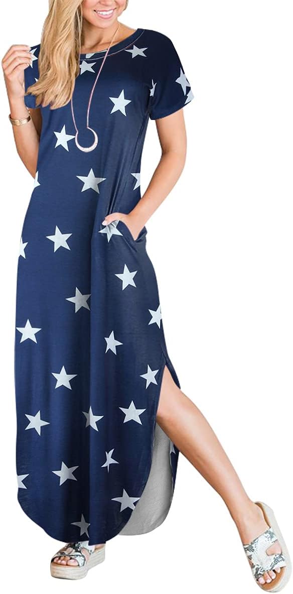 ANRABESS Womens Summer Maxi Dress Short Sleeve Casual Loose Long T Shirt Dresses Split Vacation Beach Sundress Travel Outfits