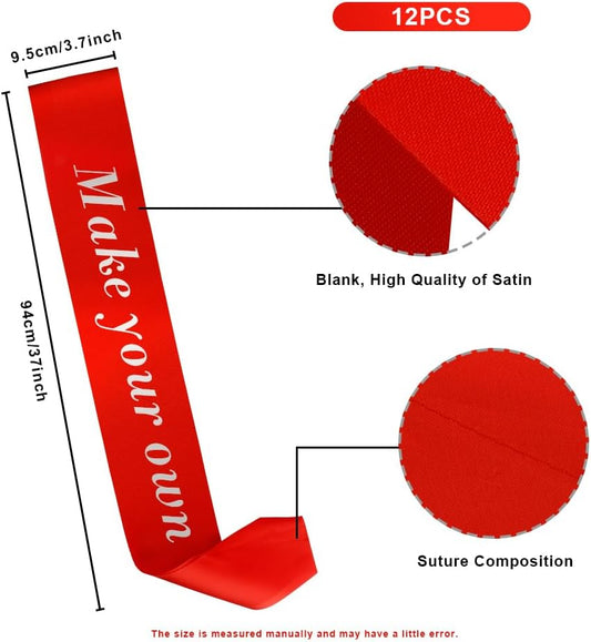 12pcs Red Sash for Bride, Bachelorette, Prom Queen, Pageant & Party Decor