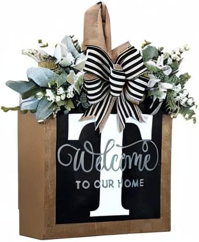 Last Name All Year Round Front Door Wreath with 26 Initial Letter Welcome Sign All Seasons Eucalyptus Garland and Bow ,Farmhouse, Porch, for Spring Summer Fall All Seasons Holiday Halloween Christmas.(T)