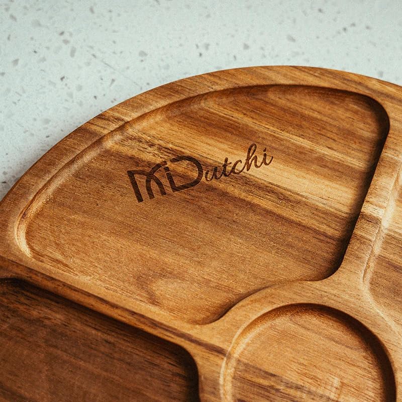 Wooden Divided Serving Tray 12″ – Acacia Chip and Dip Platter with Lid, 5-Compartment Round Snack Board for Charcuterie, Nuts, Candy, Tacos, Veggies, Appetizers