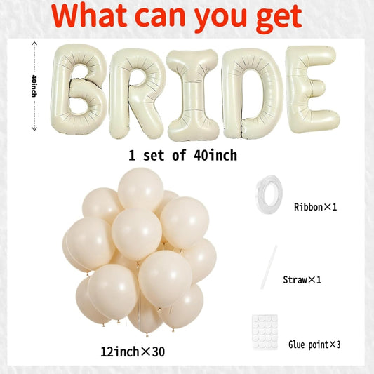 40Inch BRIDE Balloons-White Sand Balloons with Large Cream White BRIDE Foil Banner Letter Sign for Wedding Bridal Shower Engagement Bachelorette Party Decorations