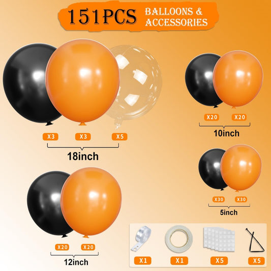Orange and Black Balloons Arch Kit, 151Pcs Black Orange Bobo Balloons Garland 18 12 10 5 inch for Halloween, Graduation, Birthday Bengals, Harley Davidson Party Decoration