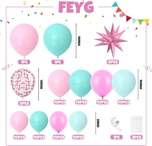 Pink and Teal Blue Balloon Arch Garland Kit, Pastel Pink Teal Blue Turquoise Latex Party Balloons with Star Confetti Balloon for Birthday Wedding Baby Shower Anniversary Party Supplies
