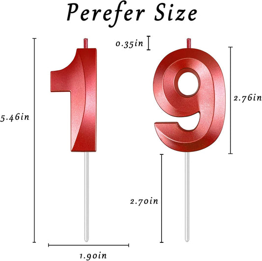 Red Number 19 Candles, 3D Diamond 2.76 Inch Cake Topper Birthday Candles for Wedding Anniversary Cake Decorations, Happy Birthday Party Decorations