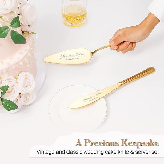 Personalized Wedding Cake Knife and Server Set, Vintage Engraved 2-Piece Pie Cake Cutter Serving Set, Custom Bridal Anniversary Birthday Quinceaera Gift