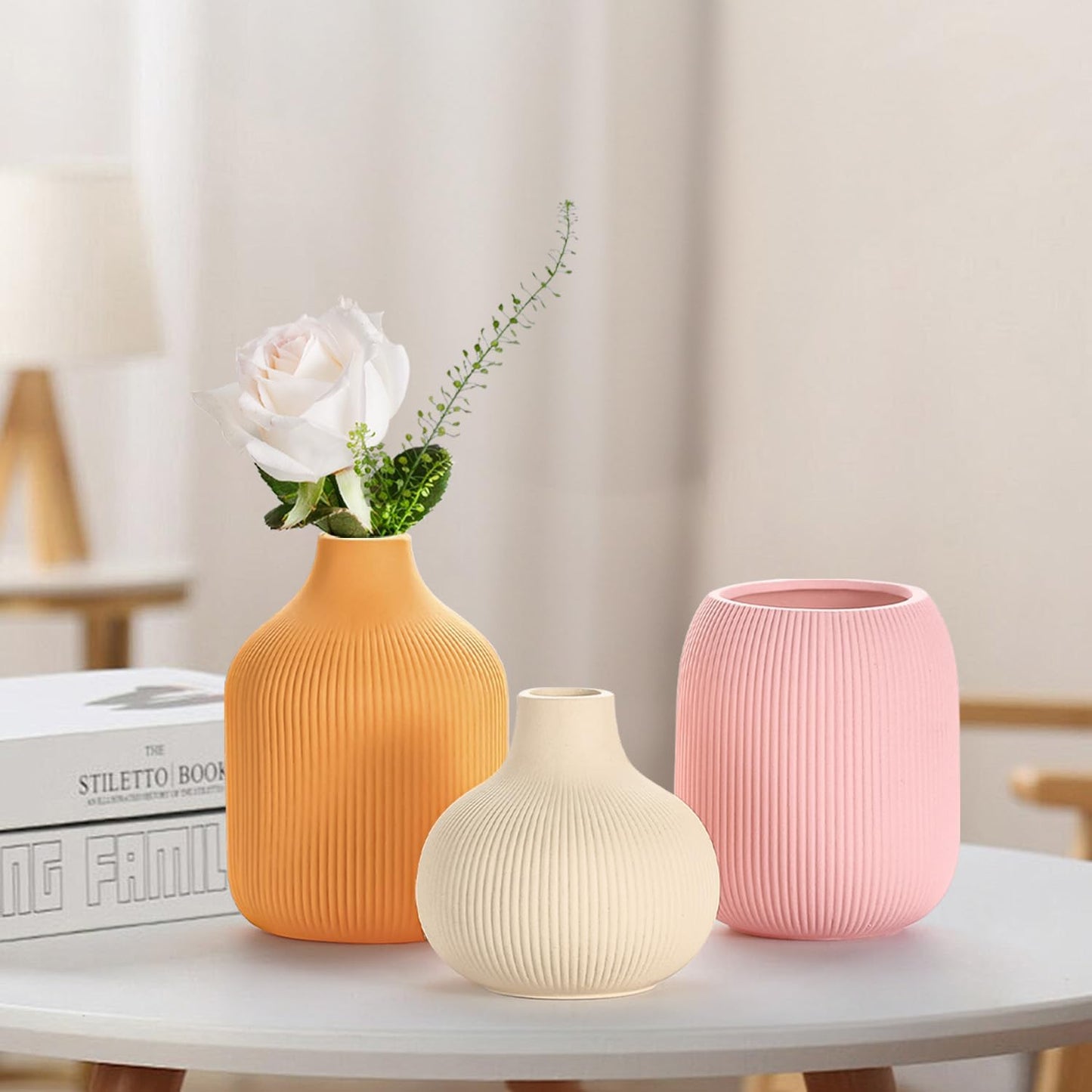Boho Vase Set of 3, Modern Colorful Ceramic Vases with Ribbed Texture, Minimalist Home Decor for Centerpiece, Shelf & Tabletop - Boho Chic Touch for Neutral & Transitional Spaces