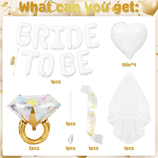 White Bachelorette Party Decorations, White Bride to Be Banner Heart Balloons with Diamond Ring Foil Balloon, Gold Bride to Be Sash&Veil for Bachelorette Engagement Gift Bridal Shower Party Supplies