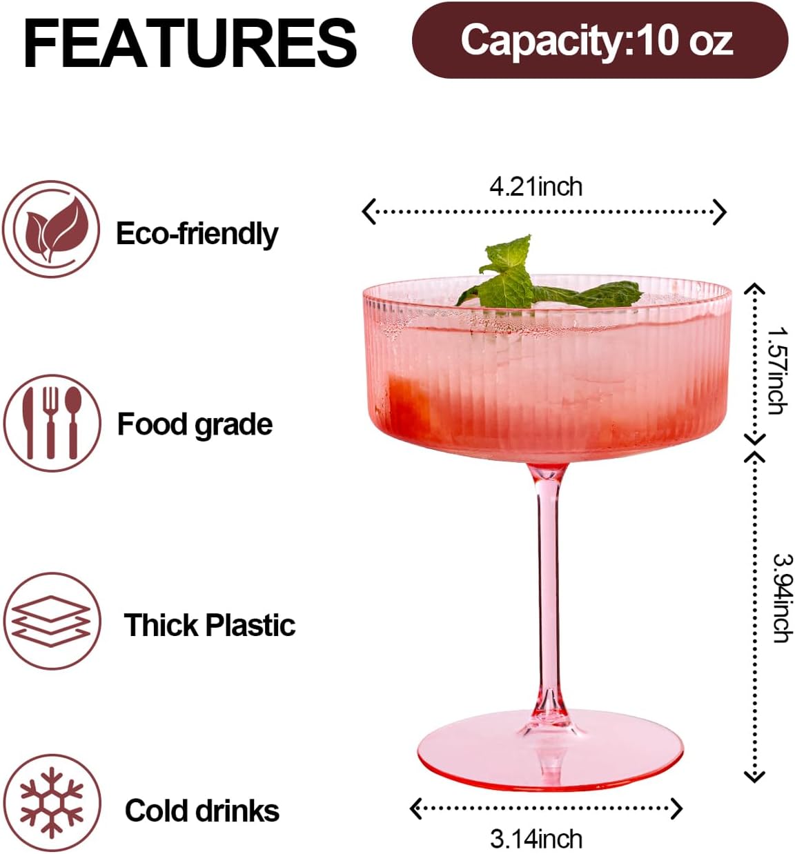 Ciaell 12PCS Plastic Ribbed Martini Glasses - 10 Oz Pink Disposable Coupe Glasses with Stem - Heavy Duty Margarita Cups for Bars, Cocktails, Whiskey, Parties & Wedding