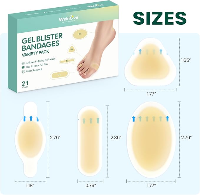 Welnove Gel Blister Bandages for Feet - 21ct Blister Cushion for Heel, Toe - Water-Resistant Hydrocolloid Bandages - Blister Pads for Prevention & Recovery