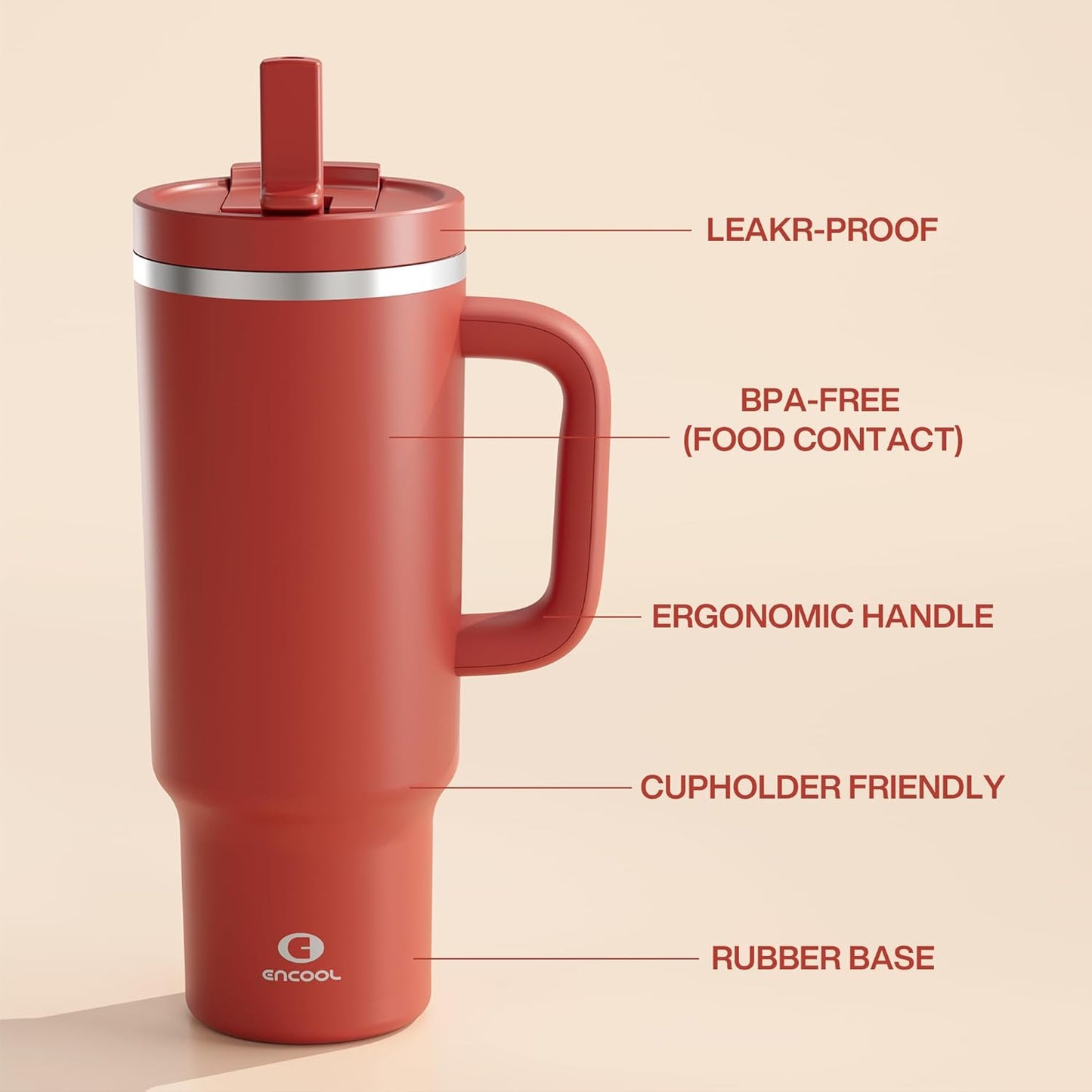 40 oz Tumbler with Handle and Straw: Stainless Steel Insulated Tumbler Keeps Cold for 24 Hours, Leakproof Travel Cup Fits in Cup Holder and BPA-Free,Medium Carmine