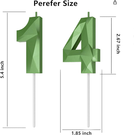Number Birthday Candles(14 Candle Green) 3D Diamond Shape Number Happy Birthday Cake Candles for Birthday Party Wedding Decoration Reunions Theme Party