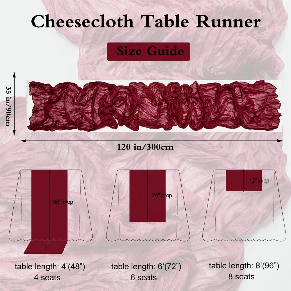 Booque Valley Christmas Table Runner 3 Pack Burgundy Cheesecloth 10ft Soft Boho Wrinkled Decorative Gauze Sheer for Holiday Party Baptism Wedding Centerpiece Table Decor, 35x120 Inch