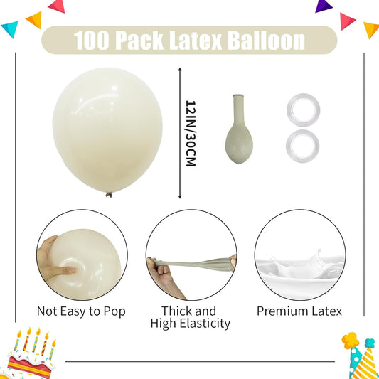 Beige Balloons - 12 inch 100pcs Latex - Cream Balloons with 2 Ribbons, Neutral Ivory for Birthday Party, Boho Wedding, Bridal Shower, Baby Shower Decorations