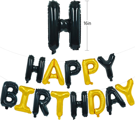 TONIFUL Happy Birthday Balloons Banner with Ribbon Straw, 16 Inch Mylar Letters Birthday Sign Banner Balloon Bunting Reusable for Girls Boys Kids & Adults Birthday Halloween Supplies(Black Gold)