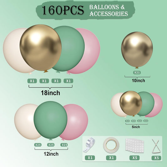 Sage Green Pink White Gold Balloons Garland Arch Kit, 160Pcs Olive Green Blush Pink White Sand Metallic Gold Balloons for Baby Shower Wedding Birthday Jungle Safari Woodland Party Decorations