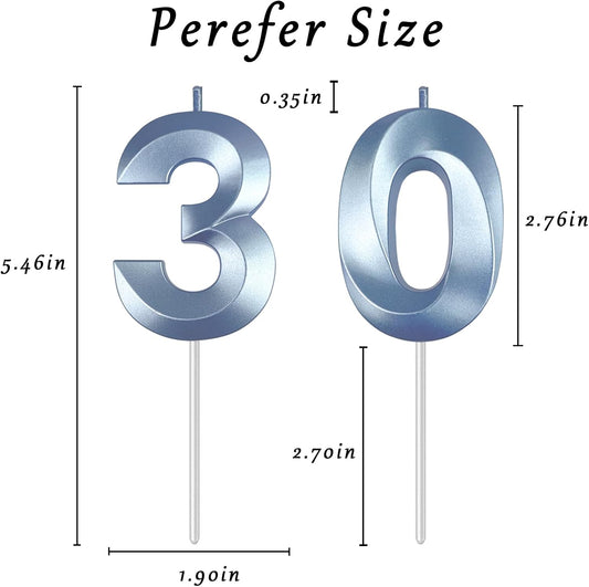 Blue Number 30 Candles, 3D Diamond 2.76 Inch Cake Topper Birthday Candles for Wedding Anniversary Cake Decorations, Happy Birthday Party Decorations