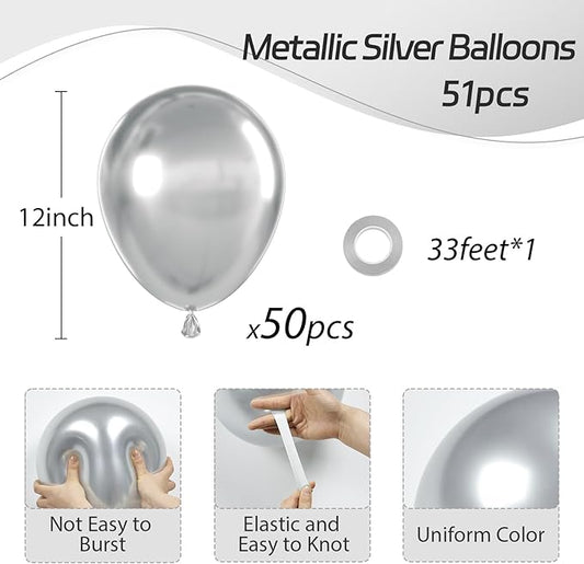 Metallic Silver Balloons 12 inch, Chrome Silver Latex Balloons 50pcs Party Balloons for Graduation Wedding Baby Shower Disco Birthday Party Decorations