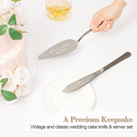 Cake Cutting Set for Wedding, Personalized Wedding Cake Knife and Server Set, Vintage Engraved 2-Piece Pie Pizza Cutter Serving Set, Custom Bridal Anniversary Birthday Quinceañera Gift(Black)