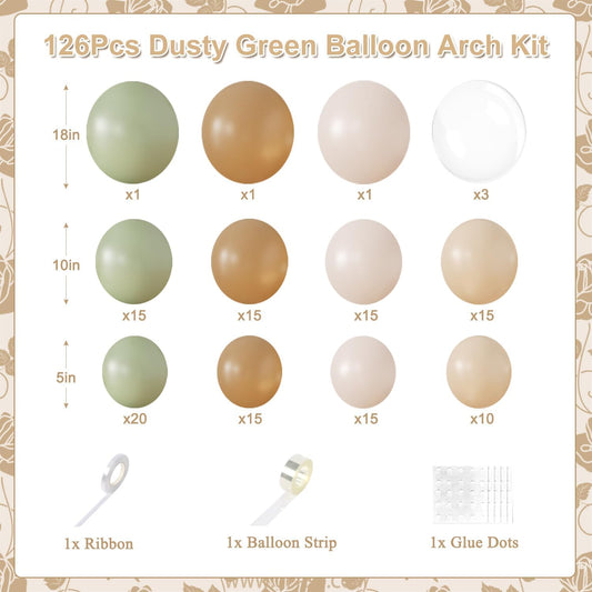 Sage Green Balloon Arch Kit 126Pcs Neutral Balloon Garland Arch Kit Include Dusty Green Sand White Tan Nude Clear Balloons for Wedding Boho Baby Shower Gender Reveal Birthday Party Decorations