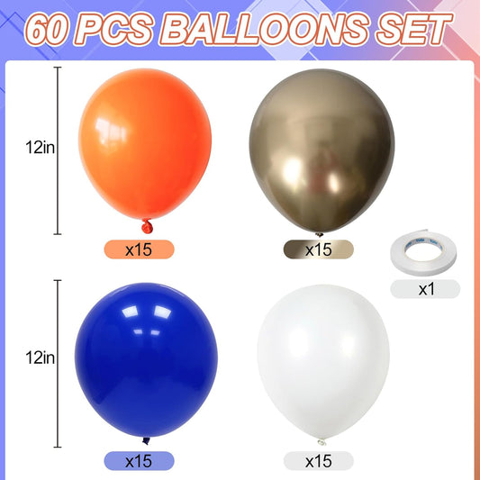 Orange and Blue Balloons, 60 PCS 12 Inch Royal Blue and Orange Gold White Balloons for Kids Boys Cartoon Party Graduation Baby Shower Thanksgiving Autumn Birthday Party Decorations