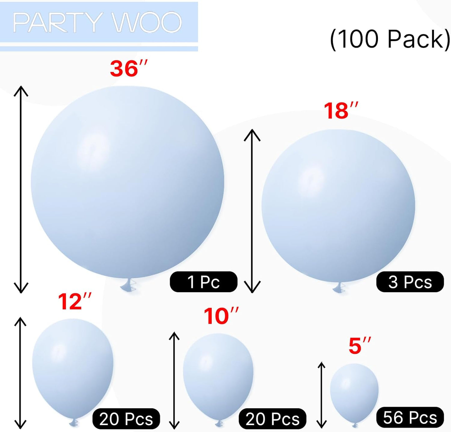 PartyWoo Baby Blue Balloons 100 pcs Different Sizes of 36 18 12 10 5 Inch Light Pastel Sky Aqua Blue Balloon Arch Kit Garland for Graduation Baby Shower Gender Reveal Party Decorations Blue-Q13