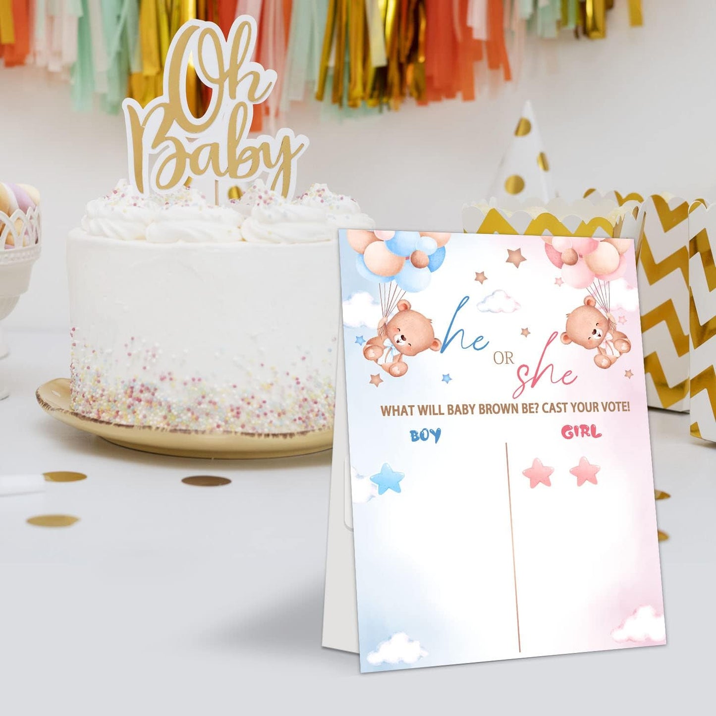 LNOKRIM Gender Reveal Party Games, Bear Theme Baby Gender Reveal Voting Board Sign, 54 Boy Girl Voting Stickers, He or She, Gender Reveal Party Centerpiece Decorations (12x17)