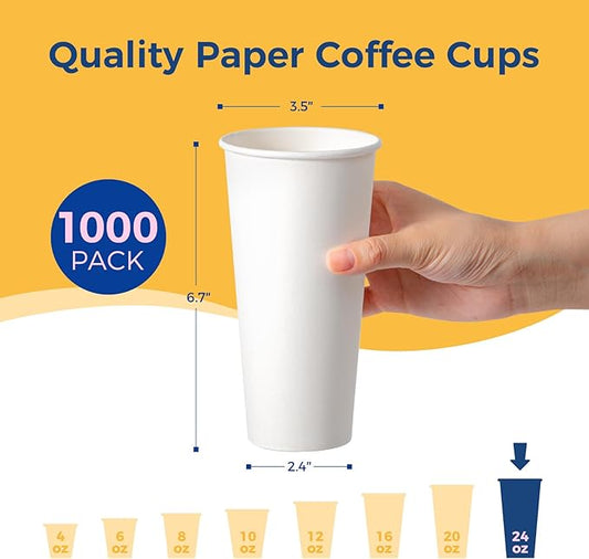 Fit Meal Prep 1000 Pack 24 oz Disposable Paper Coffee Cups, Premium White Hot Cups for Hot/Cold Beverage, Durable Thickened Paper Cup Bulk for Party, Office, Bussines, Home, Bistros, Events