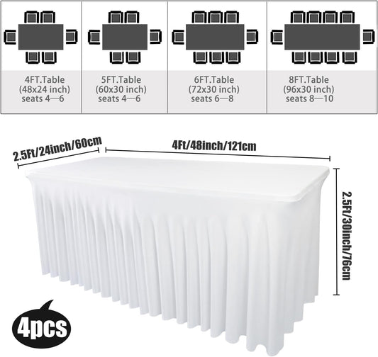 4-Pack White Table Skirts for 4-Foot Rectangle Tables | 48''L x 24''W x 30''H | Stretch Spandex Fitted Tablecloths | Washable, Wrinkle-Resistant | Ideal for Parties, Banquets, Birthdays