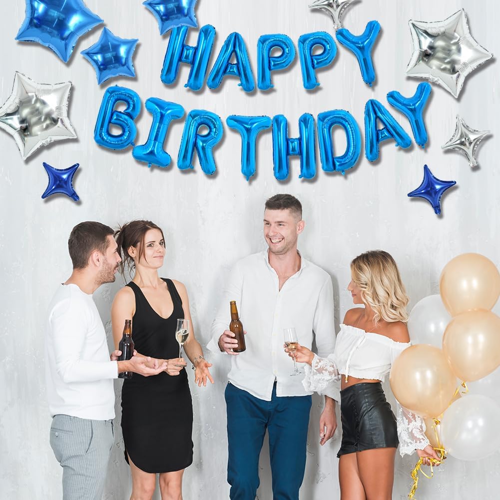 TONIFUL 35PCS 16 Inch Blue Happy Birthday Balloon Blue Happy Birthday Balloons Decorations with Star Balloons for Girls Boys Kids Men Women Adults Birthday Party Decorations Supplies