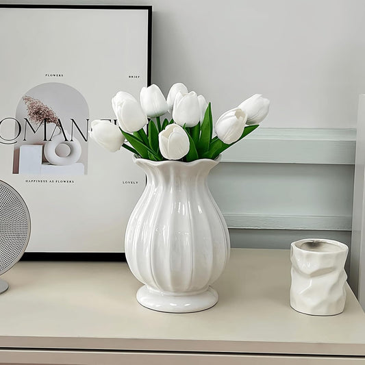 White Vase, Modern Ceramic Flower Vase for Home Décor, Wavy Edge Ribbed Design Pedestal Vases, Minimalism Flared Vases for Living Room Table Centerpieces (7.5" H x 4.5" W)