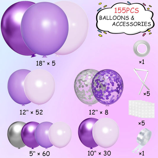 Purple and Silver Balloon Garland Arch Kit, 155Pcs Lavender Pastel Purple Lilac and Silver Confetti Balloons for Girls Women Wedding Birthday Baby Shower Graduation Party
