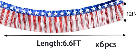 6 Pack 6.6 Feet Red Blue White Foil Fringe Garland Streamers,Red White Blue Star Metallic Hanging Backdrop Banner Table Skirts for 4th of July Decorations Memorial Day Patriotic Party Parade Floats