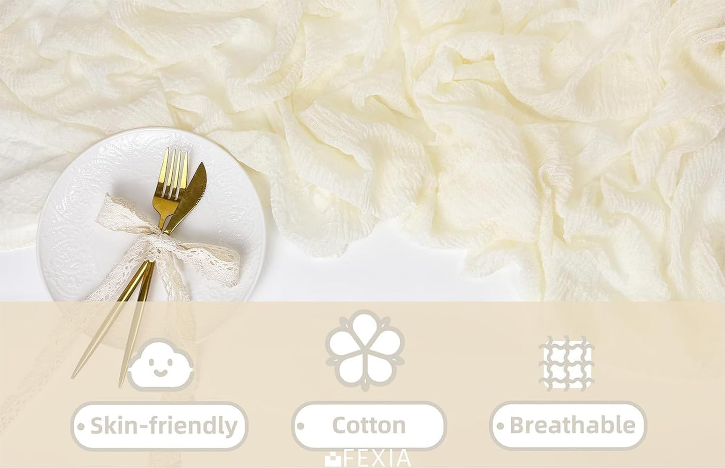 FEXIA Beige Table Runner Ivory Cheesecloth Table Runner 30x118 Inches Rustic Gauze for Easter Decor Wedding Baby Shower Bridal Shower First Communion Home Decorations