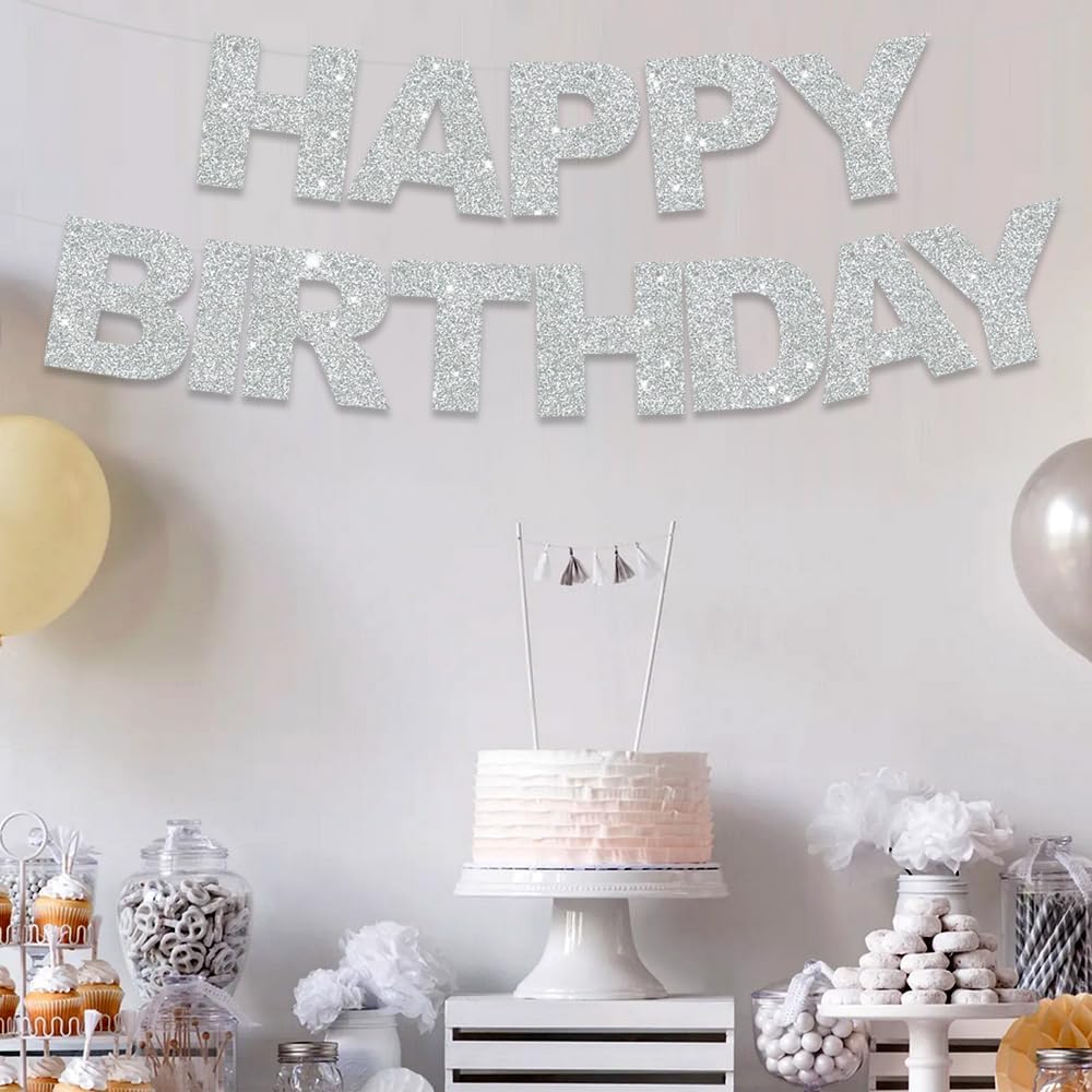 BEISHIDA Silver Happy Birthday Banner - Pre-Strung,No DIY,Birthday Decorations - Happy Birthday Sign - Birthday Banner for Women, Kids for Birthday Decor, Backdrop