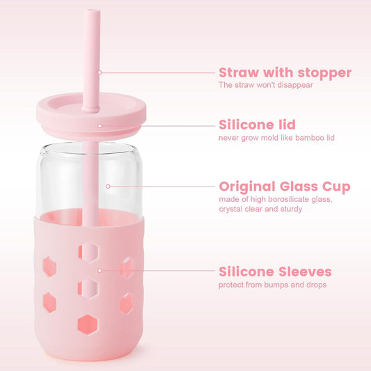 Glass Cups with Silicone Lids and Straws (4 Pcs), 16oz Drinking Glasses Set with Silicone Sleeves for Coffee Bar Accessories Iced Coffee Cups with Lids, Glass Tumbler Reusable for Gifts